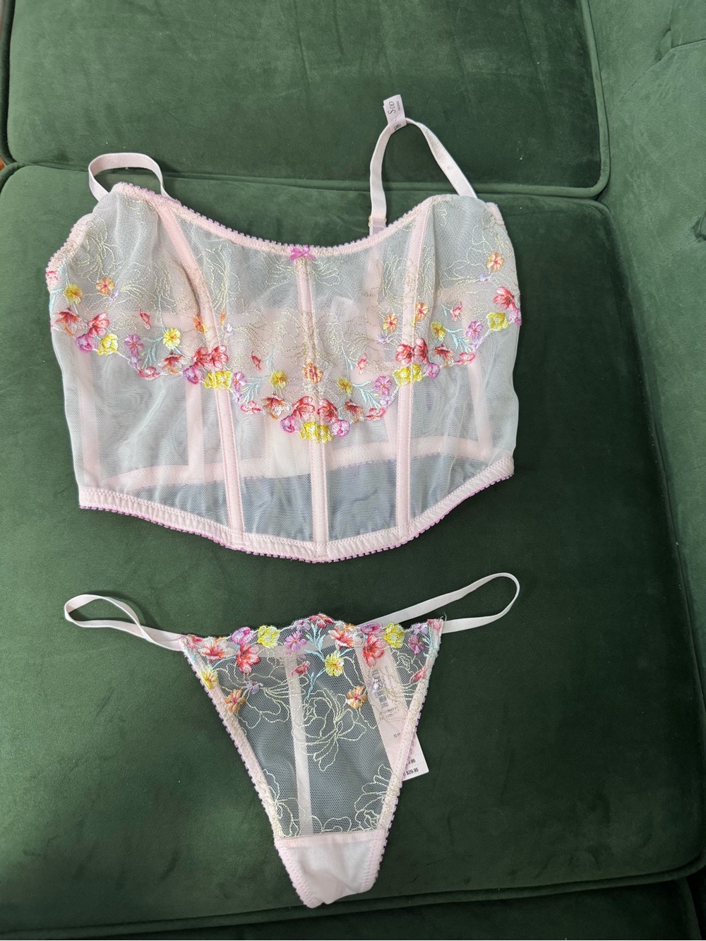 Sheer Floral Embroidered Bustier & Thong Set - Pink